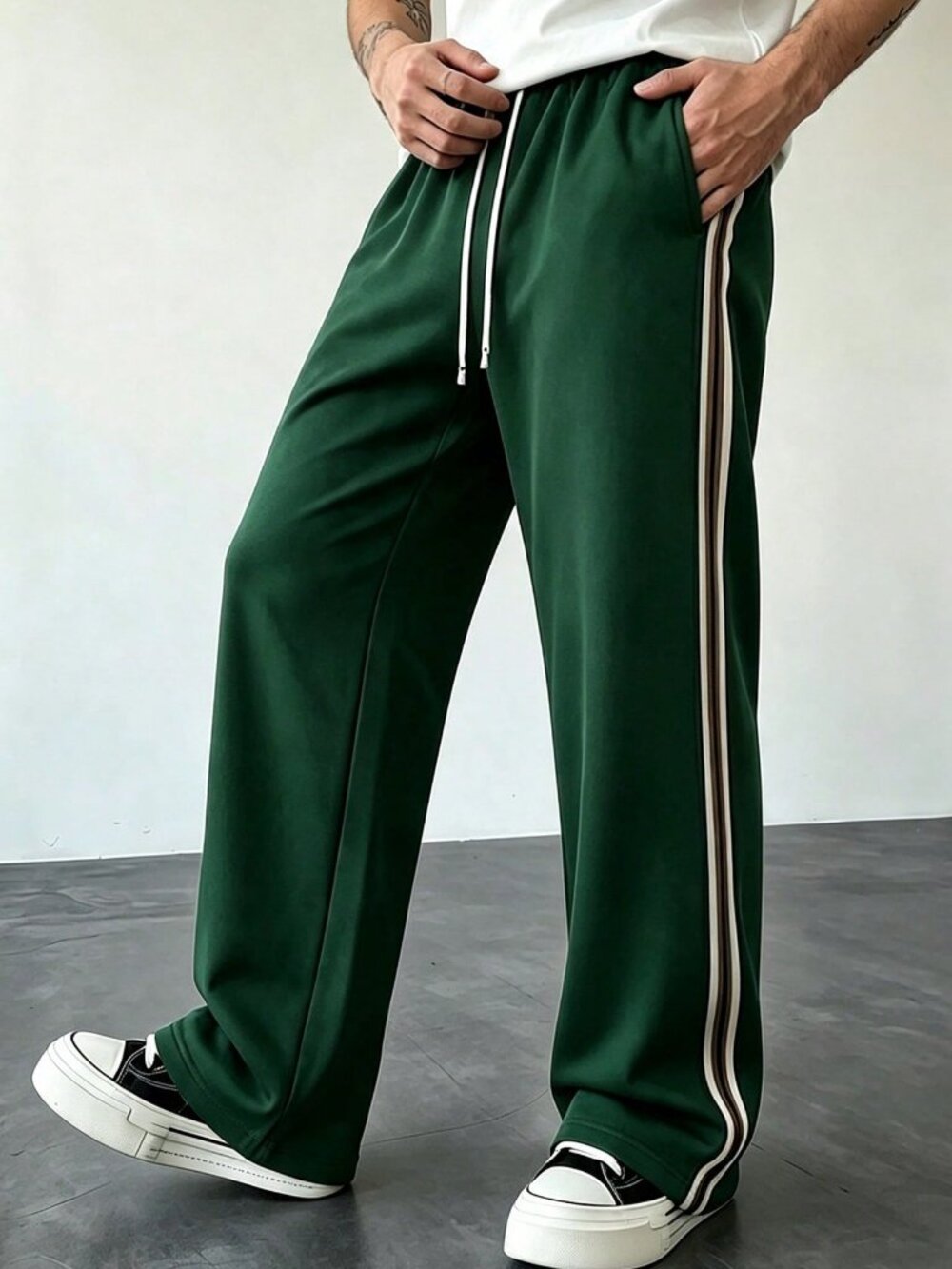 Green Casual Men's Knitted Drawstring Side Stripe Pants